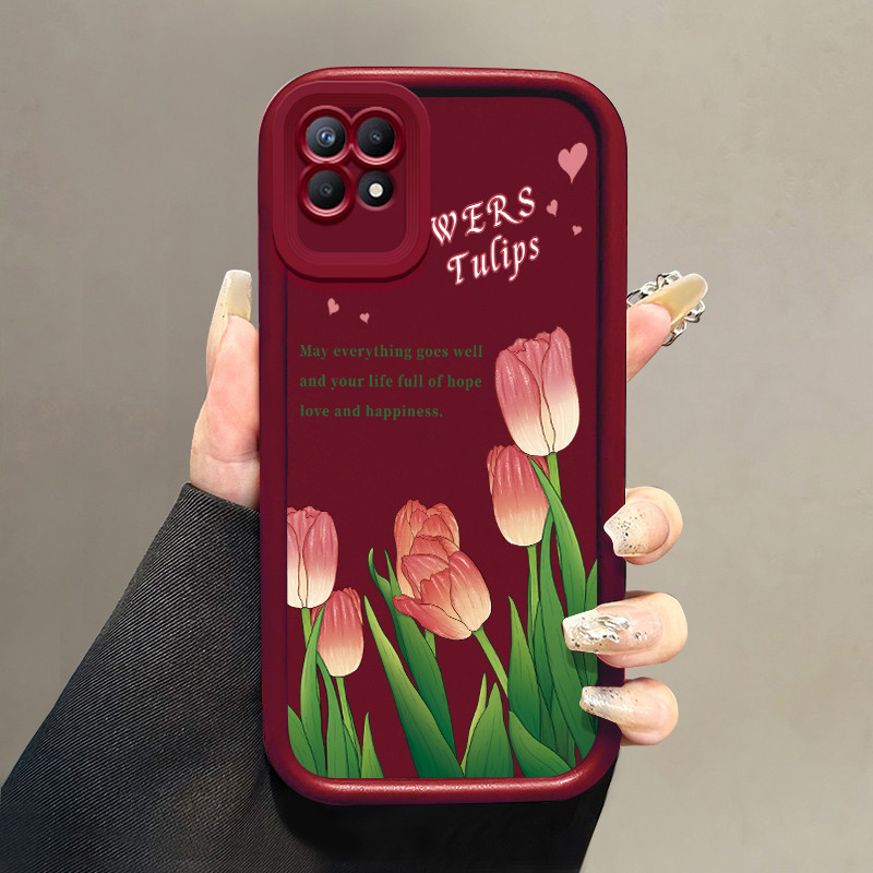 Casing Hp untuk Realme 8I Narzo 50 4G Case Bunga Tulip Merah Muda Estetis series Phone Kesing siliko