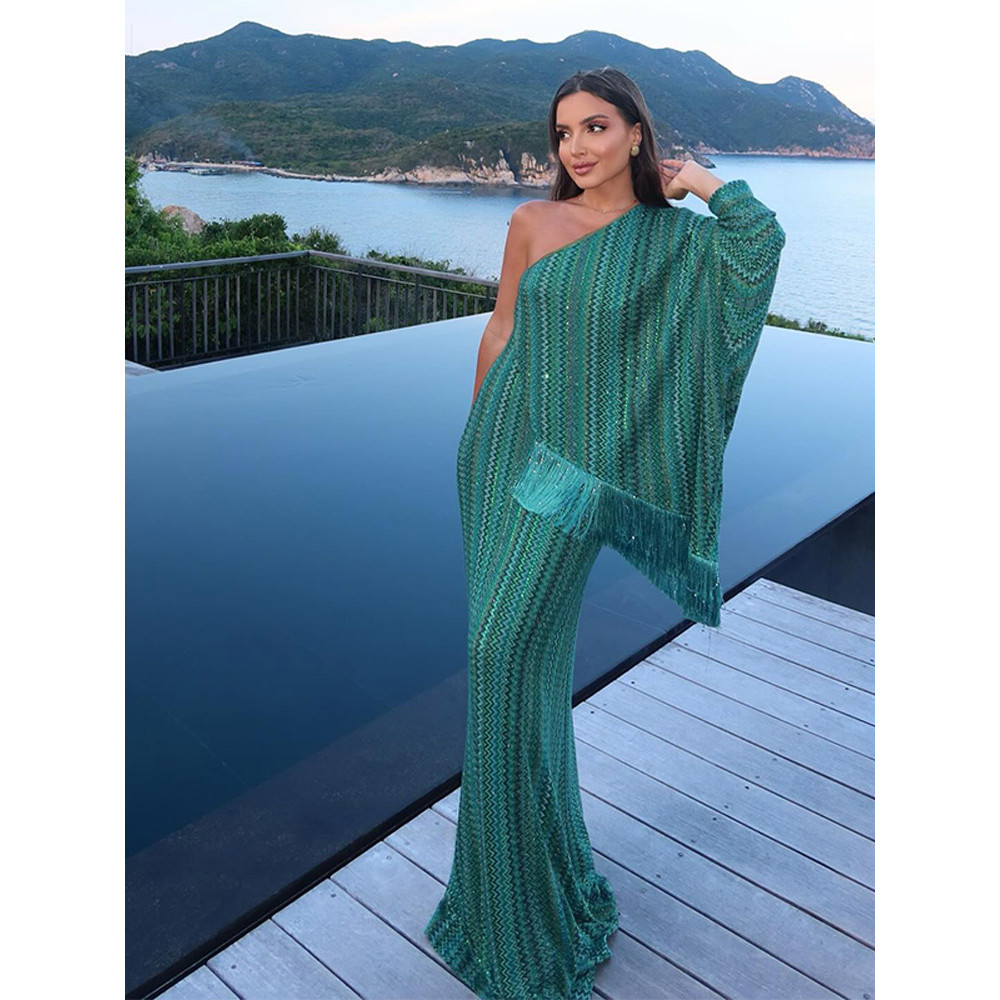 Chic Tassel Stripe Loose Women Dresses Off One Shoulder Single Sleeve Female Maxi Dress 2026 Fashion