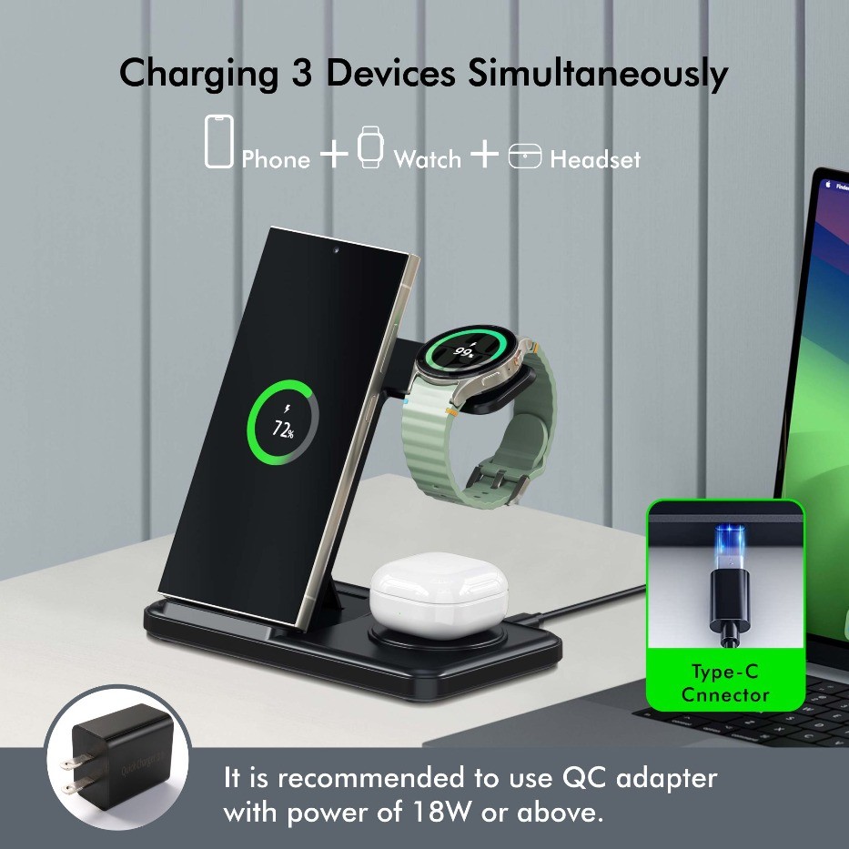 3 in 1 Foldable Wireless Charger Stand For Samsung S24 S23 S22 Galaxy Watch 8 7 6 5 4 Active 1 2