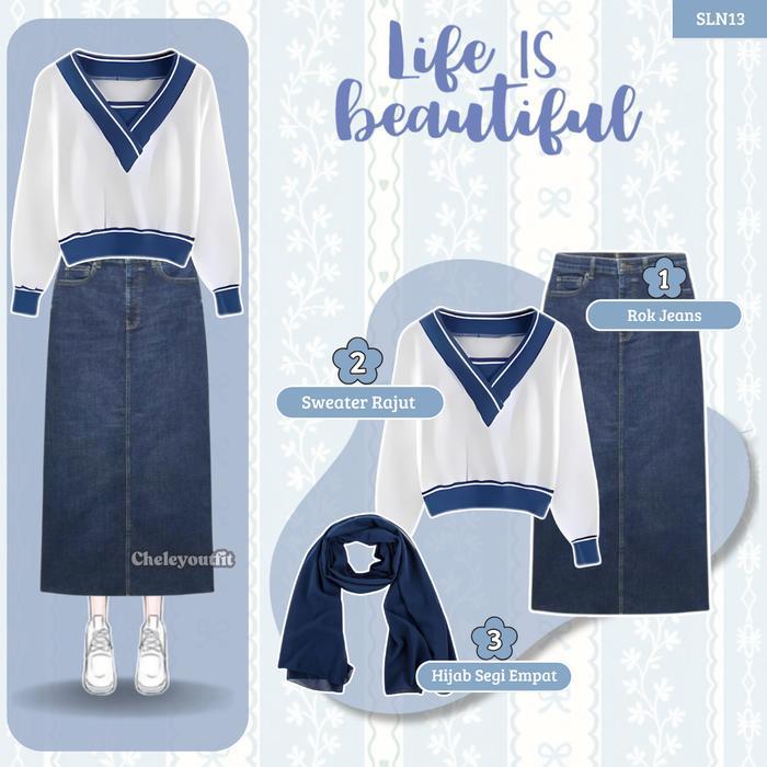 3In1 Set Outfit Korean Style ( Sweater Rajut + Rok Jeans + Hijab Segi Empat ) Ootd Wanita Hijab