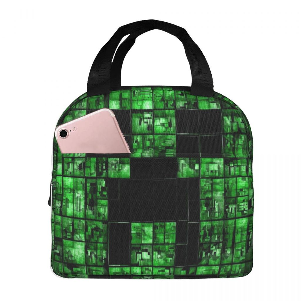 Pixel Art Lunch Bag For Girls Creeper Backgrounds Lunch Box Fun Picnic Cooler Bag Portable Zipper