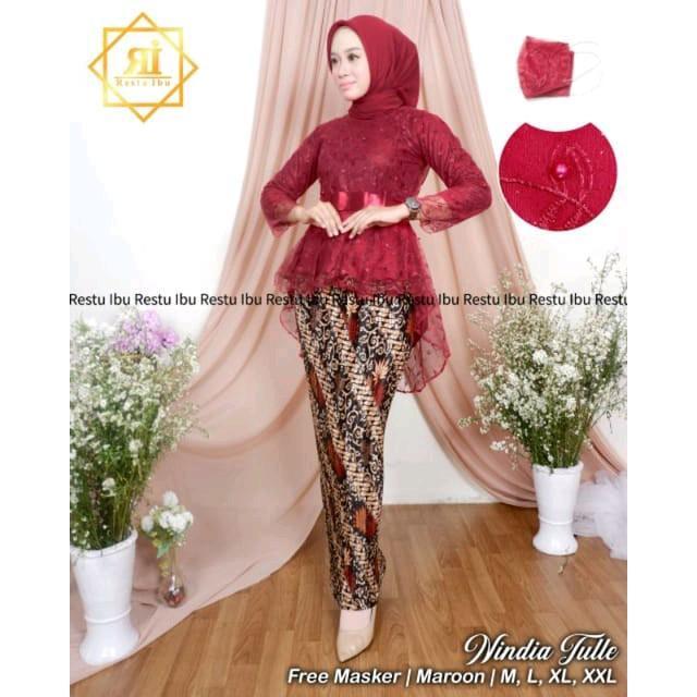 s7 Couple Kebaya Modern Maroon Batik Kenagga Maroon-Baju Brokat Tunik Dewasa Wisuda Payet Panjang