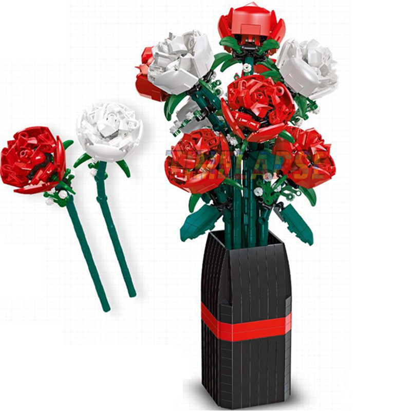 DIY Merah Putih Mawar Vas Tanaman Hari Valentine Taman Romantis Blok Bangunan Model Klasik Batu Bata