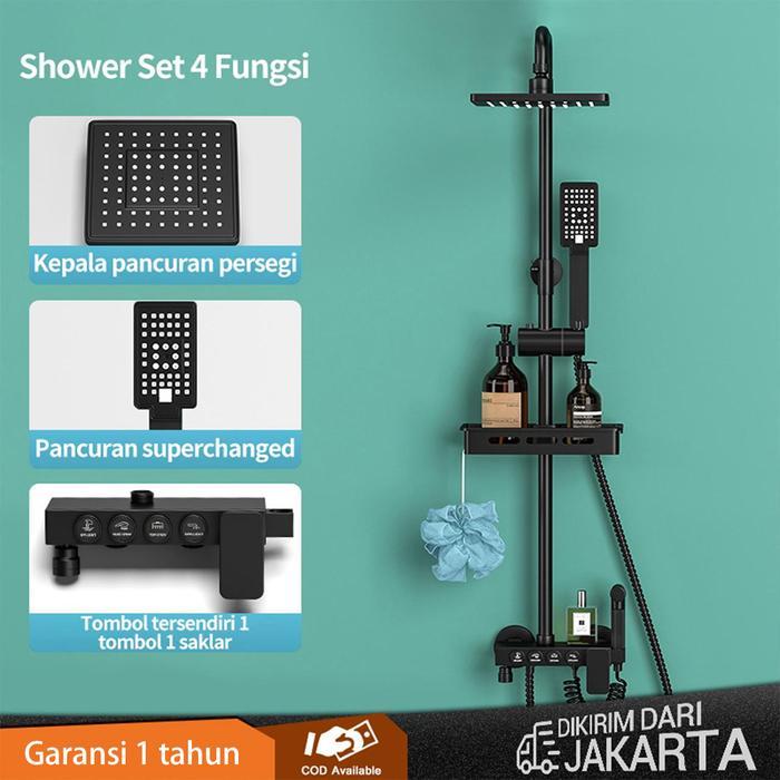 Shower dengan tombol emas hitam/set shower lengkap kamar mandi rumah /shower persegi kecil hitam