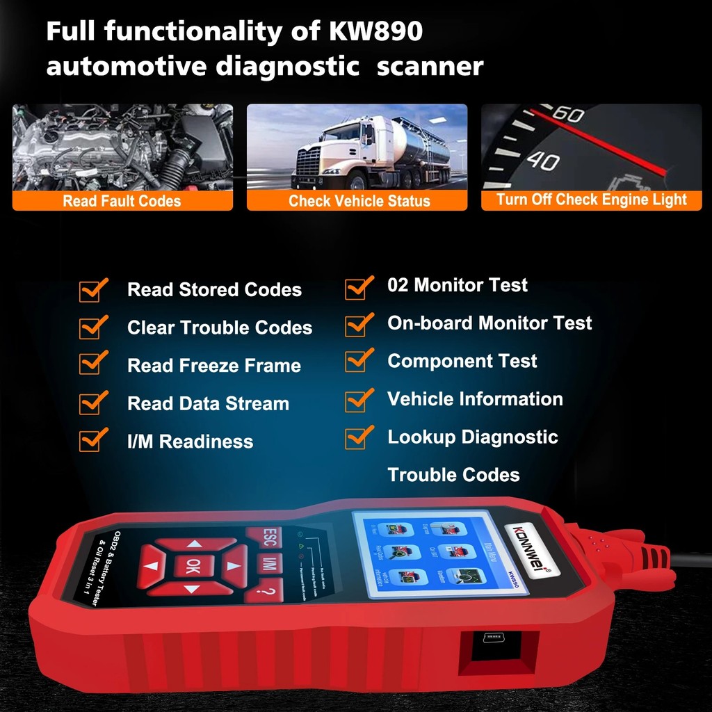 New KONNWEI KW890 12V Car OBD2 Battery Tester Analizer Auto Diagnostic Tool Battery Match 3 in 1 Car
