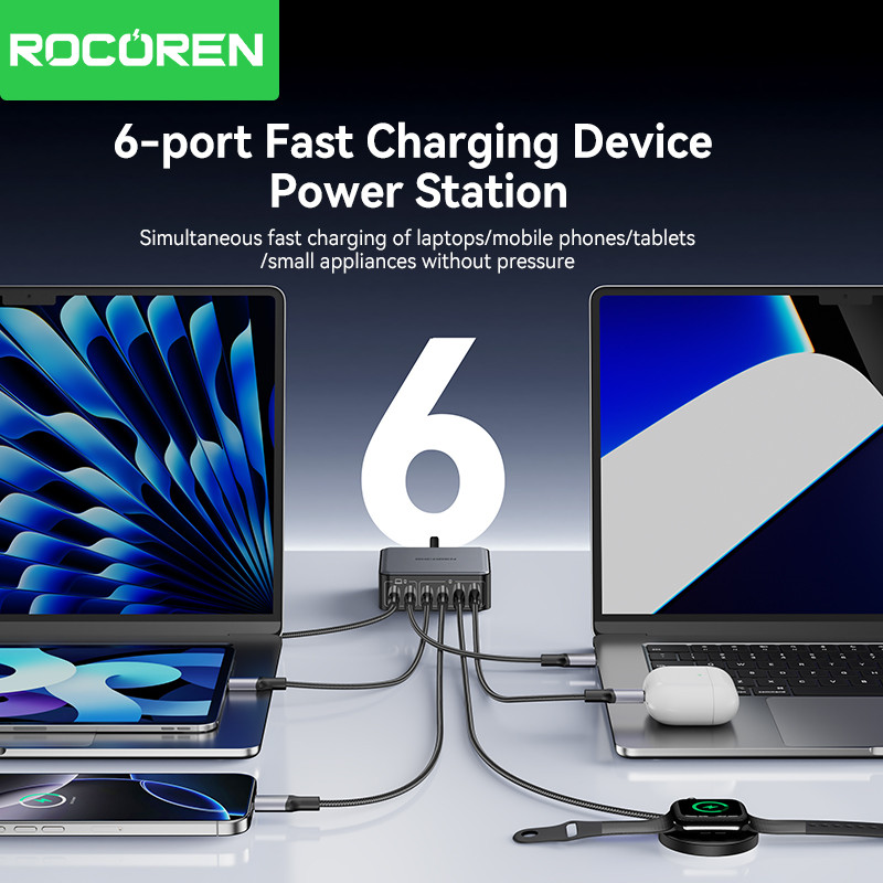 Rocoren 200W GaN Charger PD Fast Charging USB Type C Charger 270W 6 in 1 USBC Power Station For