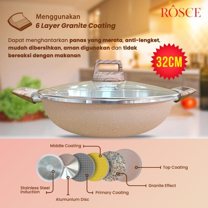 ROSCE WOK PAN 32CM Steamer Wajan set kukusan stainless jumbo Panci granit dengan tutup kaca 32 cm