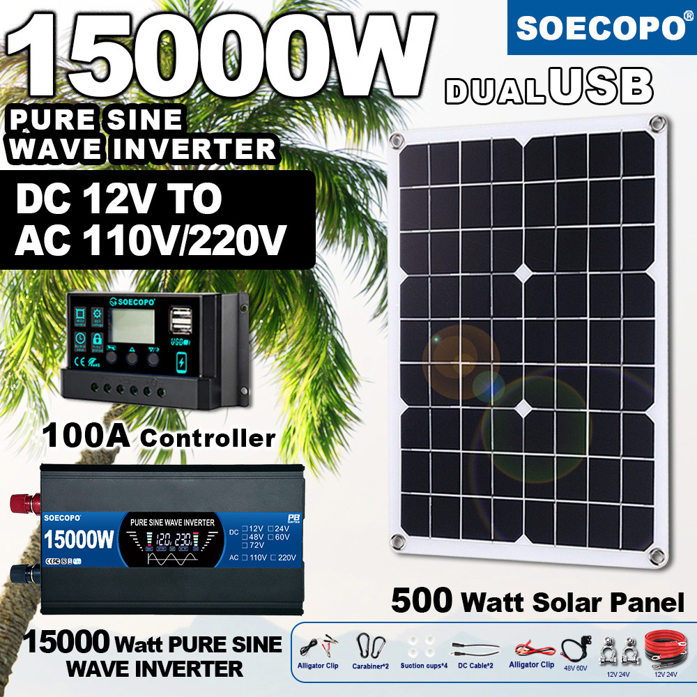 SOECOPO 15000W Portable Solar System Kit 500W Panel Pure Sine Wave Inverter(12V To 110V/220V) 100A