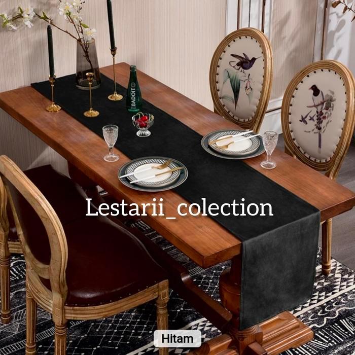 taplak meja atau table runner bahan suede premium polos hitam