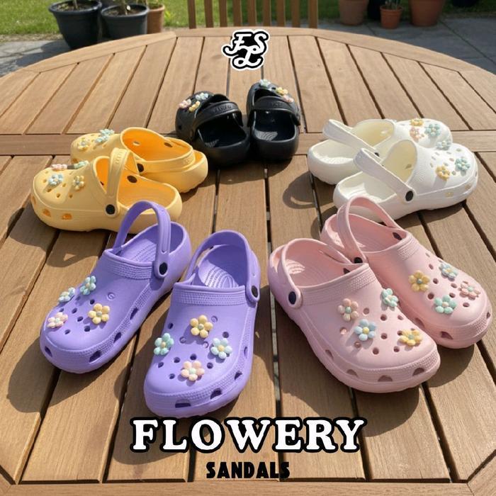 LUMMYSHOP FLOWERY SANDAL KARET WANITA SANDAL SANTAI DENGAN HITAM UNGU KUNING PUTIH PREMIUM IMPORT