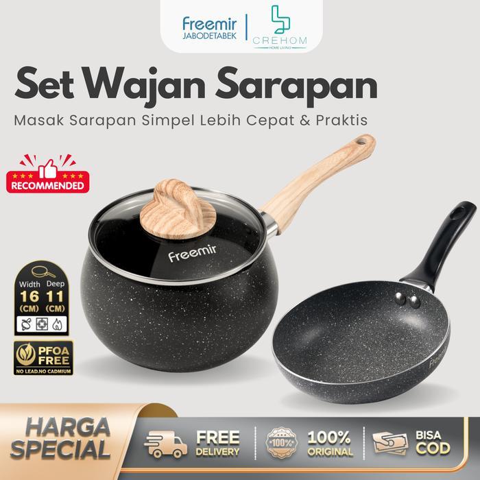 [Crehom] freemir Panci Susu 16 cm Batu Granit dengan Tutup Kaca Set Panci+Teflon Cekung Anti Lengket