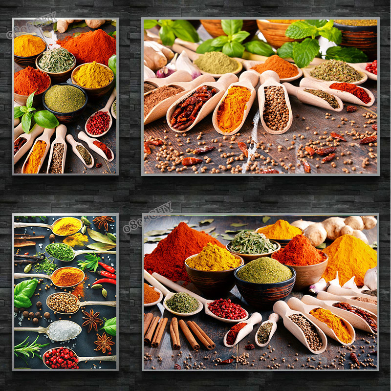 Variety of Spices Pictures Kitchen Spices Canvas Painting Herbs and Spices Poster Modern Dinning