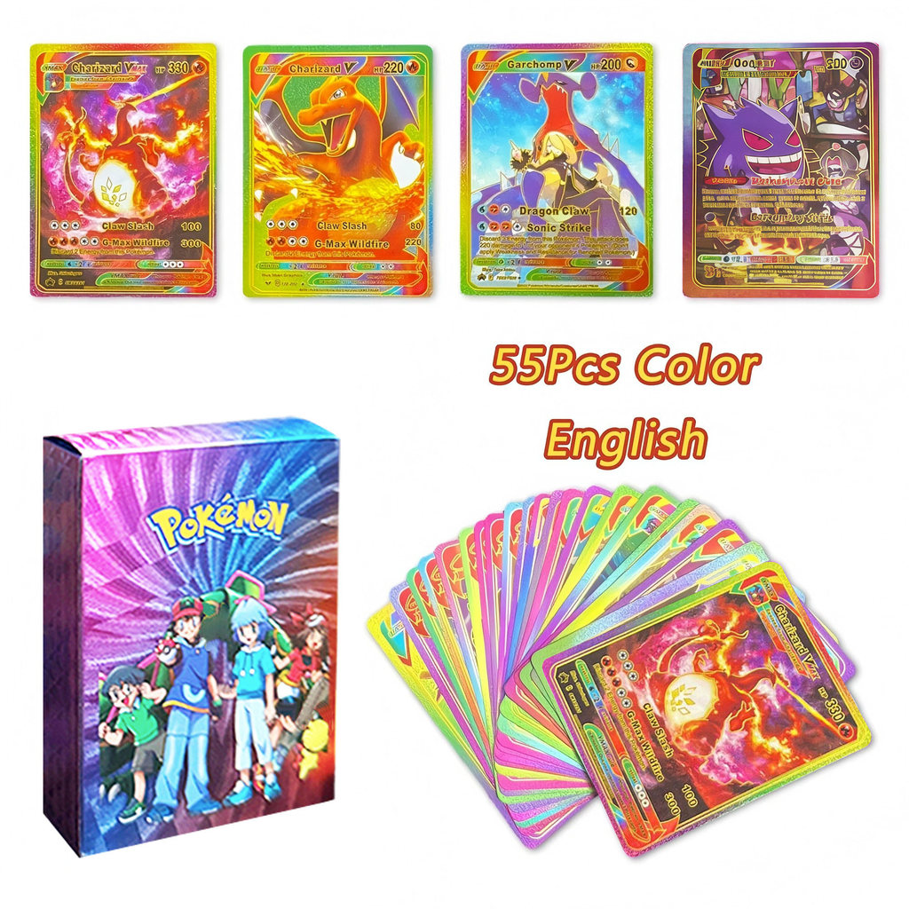 55PCS Pokemon Colorful Gold Foil Card Charizard Pikachu Arceus Diamond Rainbow English French German
