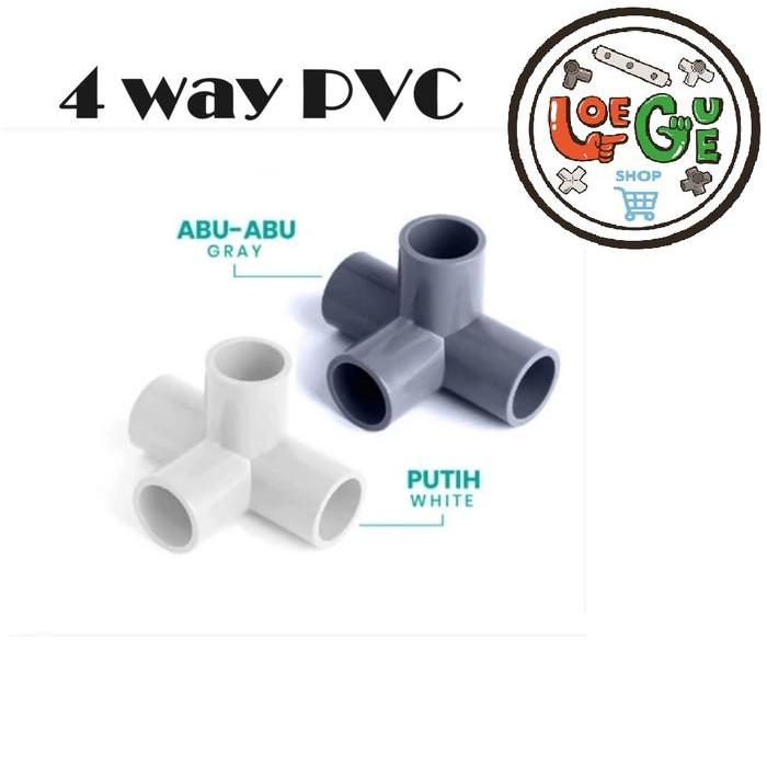 "New" LOEGUE SHOP Sambungan Konektor Fitting Tee Elbow Pipa PVC 4 Way Arah 1/2, 3/4, 1 Inch Praktis