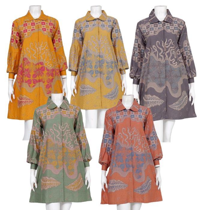 Tunik Wanita Batik Rinjani Motif Pola Katun Kancing depan Katun