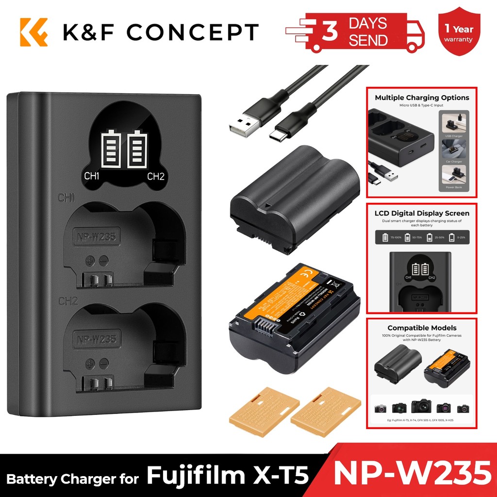 BELI SEKARANG K&F CONCEPT 2200mAh NP-W235 Battery and Charger for Fujifilm X-T5 X-S20 X-H2 X-H2S GFX