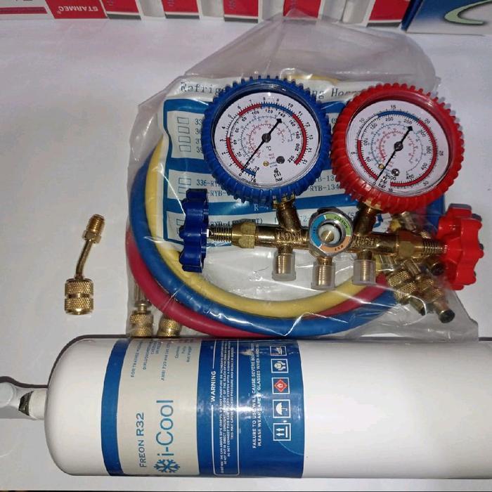 Paket Lengkap Isi Freon R32 Ac Rumah. Manifold Ac Multidouble+Freon R32 Icool+Konektor Selang R32.