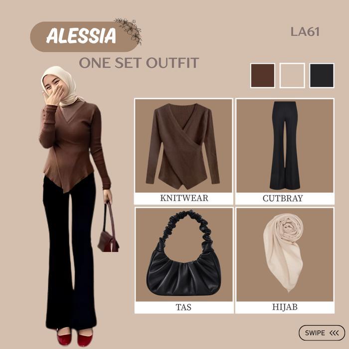 Alessia One Set Wanita Hijab Ootd Rajut (Knitwear, Cutbray Scuba , Tas, Hijab) Outfit Remaja