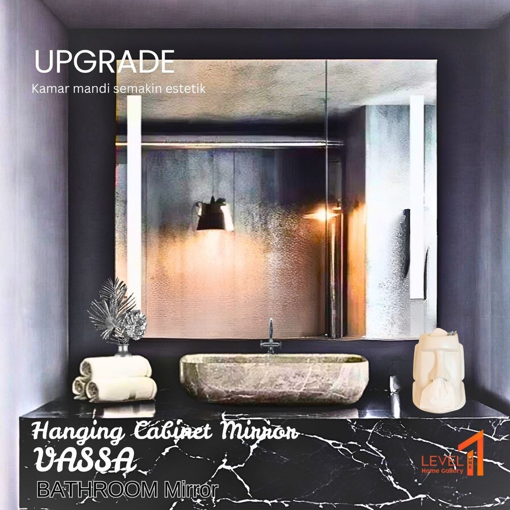 Cermin LED Gantung Aesthetic Bathroom Mirror | Rak Cermin Estetik Minimalis Mewah | Tolet Kamar Mand
