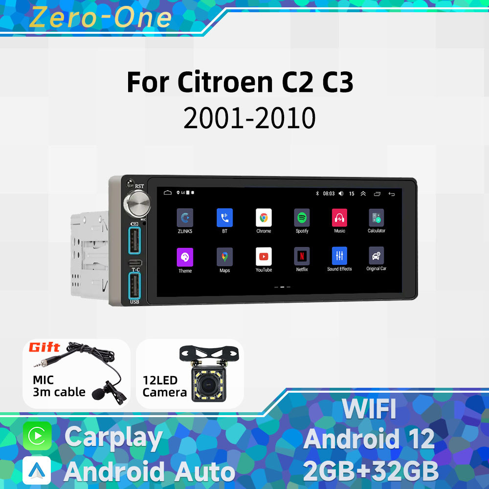 Carplay 6.86" Screen 1 Din Radio Android Car Multimedia for Citroen C2 C3 2001-2010 Stereo Head Unit