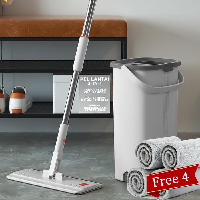 Pel Lantai GranitPel Lantai Ajaib Kepala 32Cm Tanpa Cuci Tangan Bonus 4 Kain Pel Aluminium Super