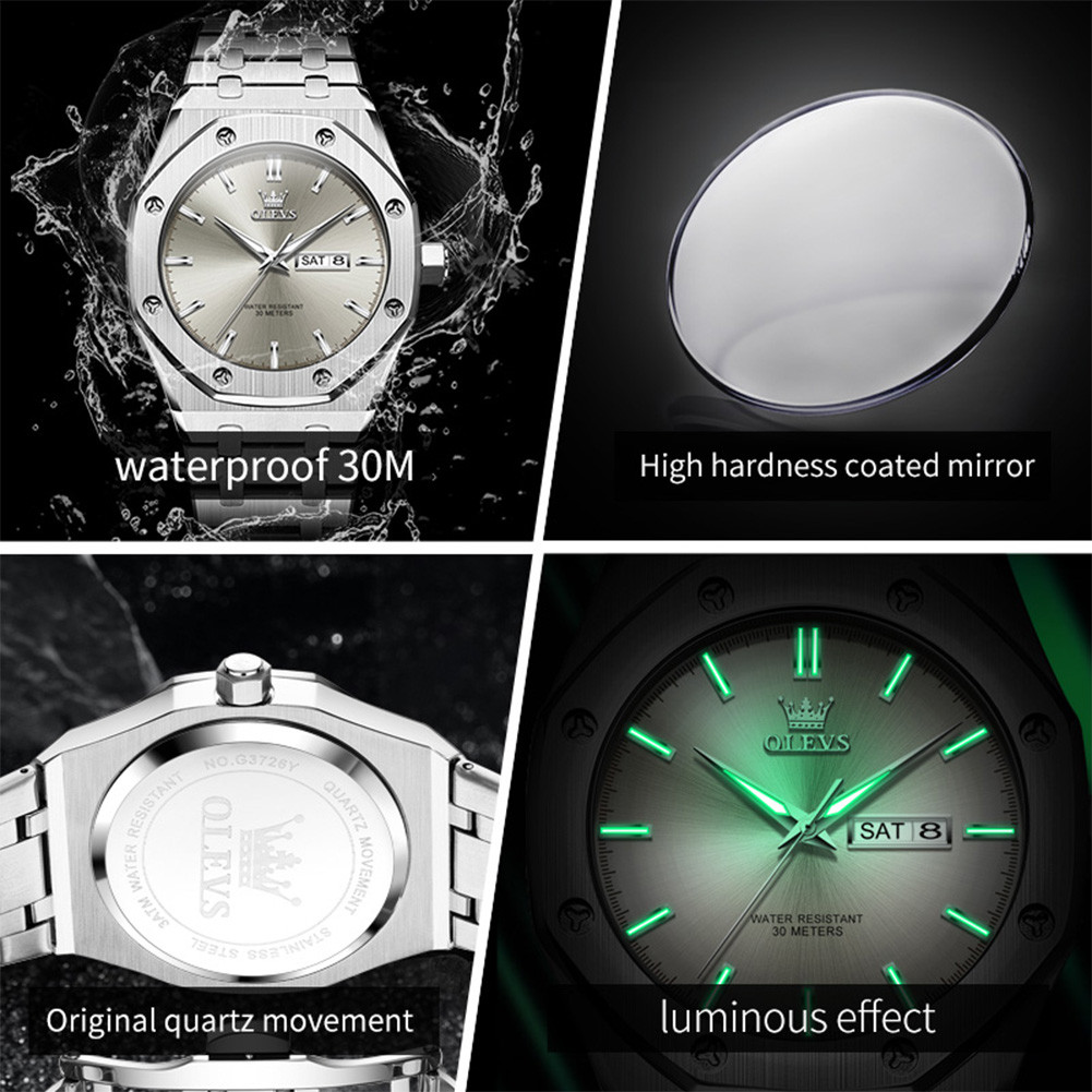 OLEVS TREND MEN WATCH ORIGINAL WATERPROOF DUAL CALENDAR LUMINOUS QUARTZ WATCH FOR MAN STAINLESS