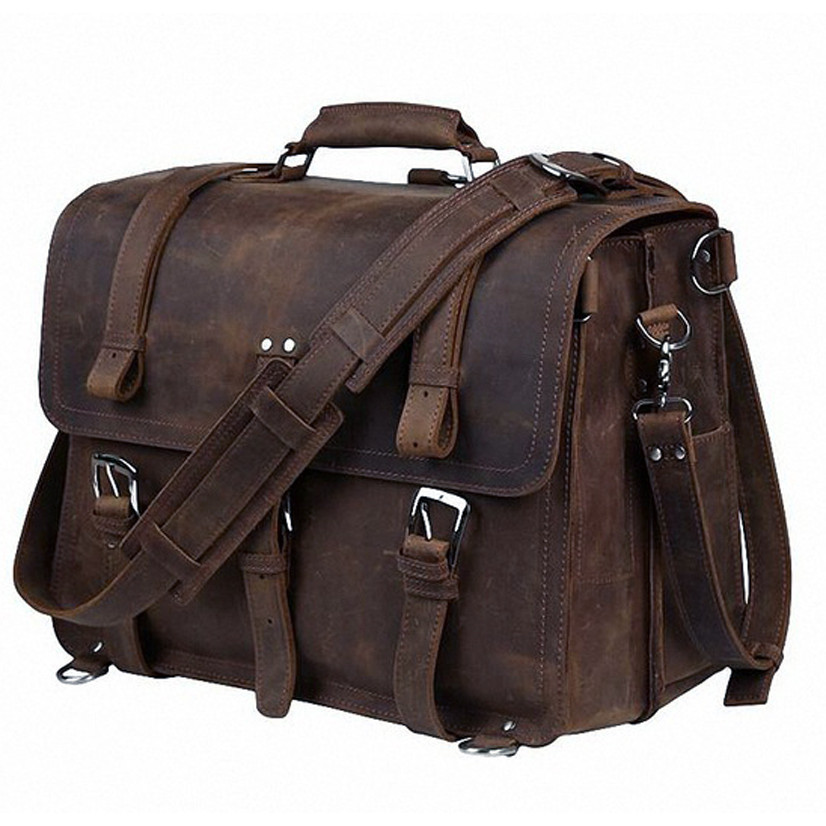 Vintage Crazy Horse Genuine Leather Men Briefcase Business Bag Large Leather Briefcase Male