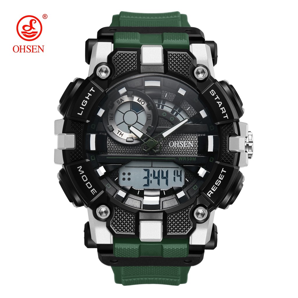 OHSEN Men Watches 50m Waterproof Sports Watch for Man Green Military Quartz Watch Digital Dual Time