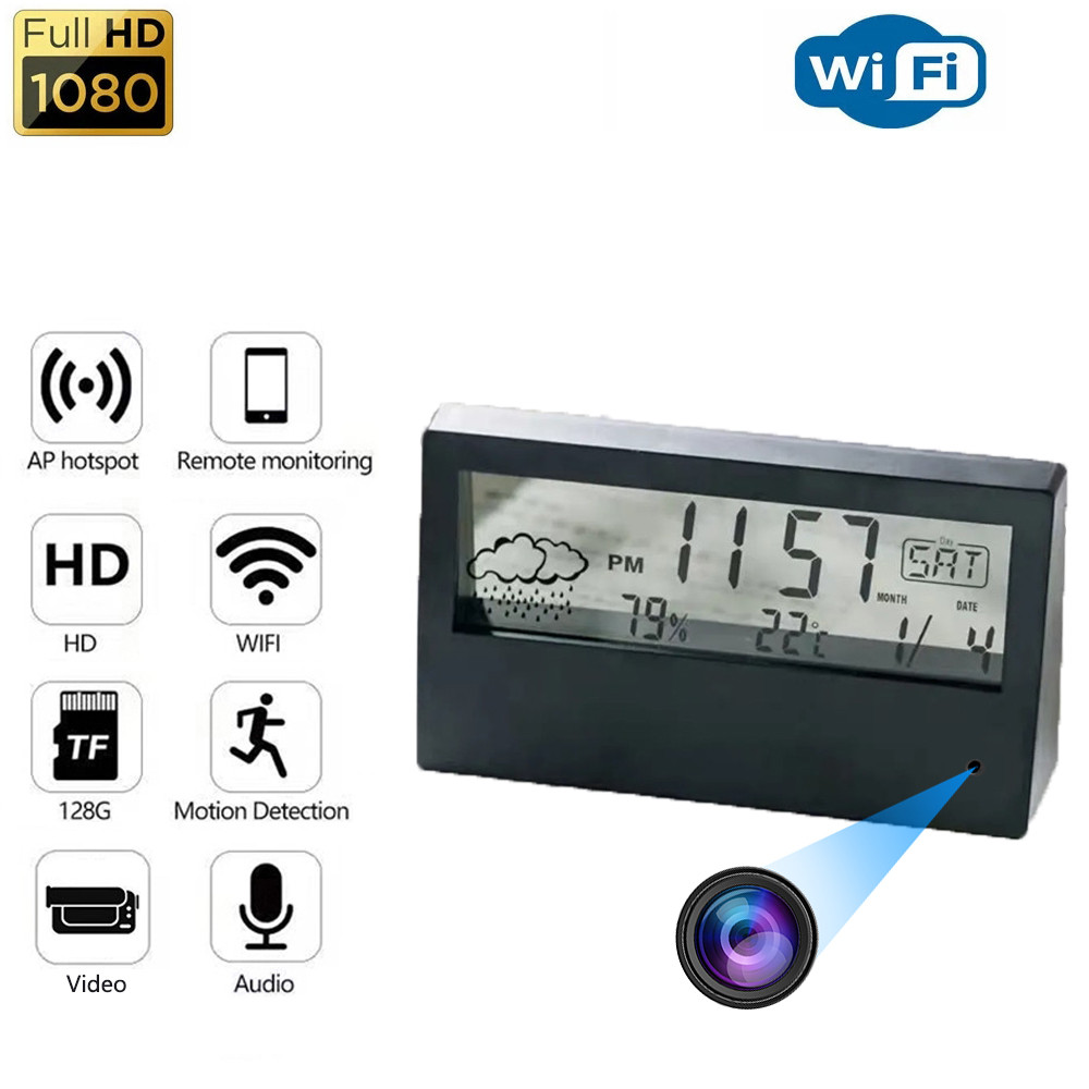 LCD Temperature Humidity Digital Clock Camera Wifi Remote Viewing HD 1080P Alarm Clock Home Video Se
