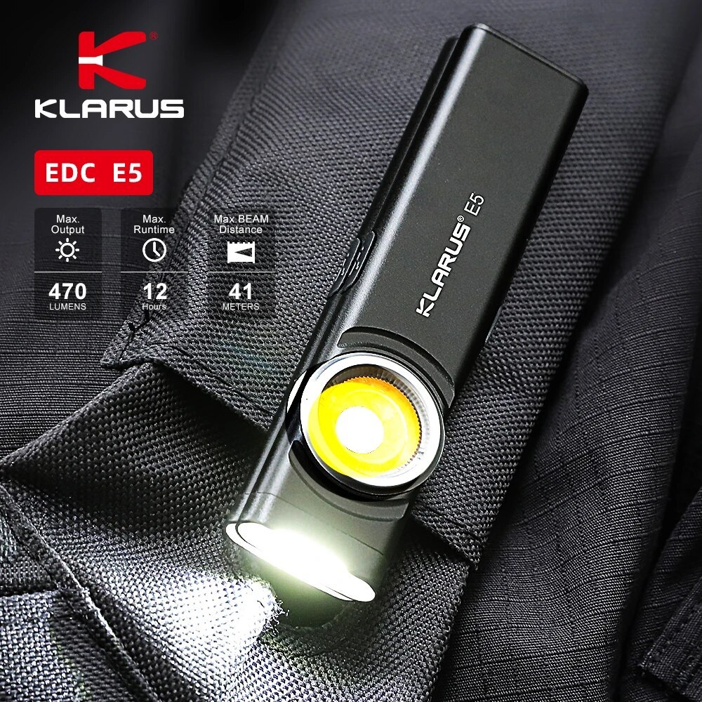 Klarus E5 COB Flashlights Magnetic Dual Light Torch 8 Lighting Modes USB C Rechargeable EDC