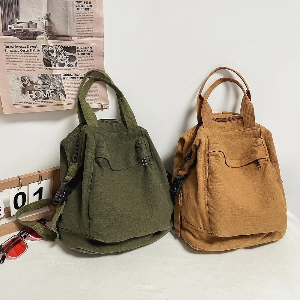 Canvas Backpack Vintage Commuting School Bag Solid Color Student Rucksack Aesthetic Hippie Y2K