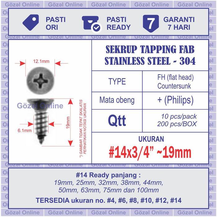 SALE Sekrup stainless FAB no. 14 x19mm - ST 6.3 x 3/4" - Tapping - 10pcs TERMURAH