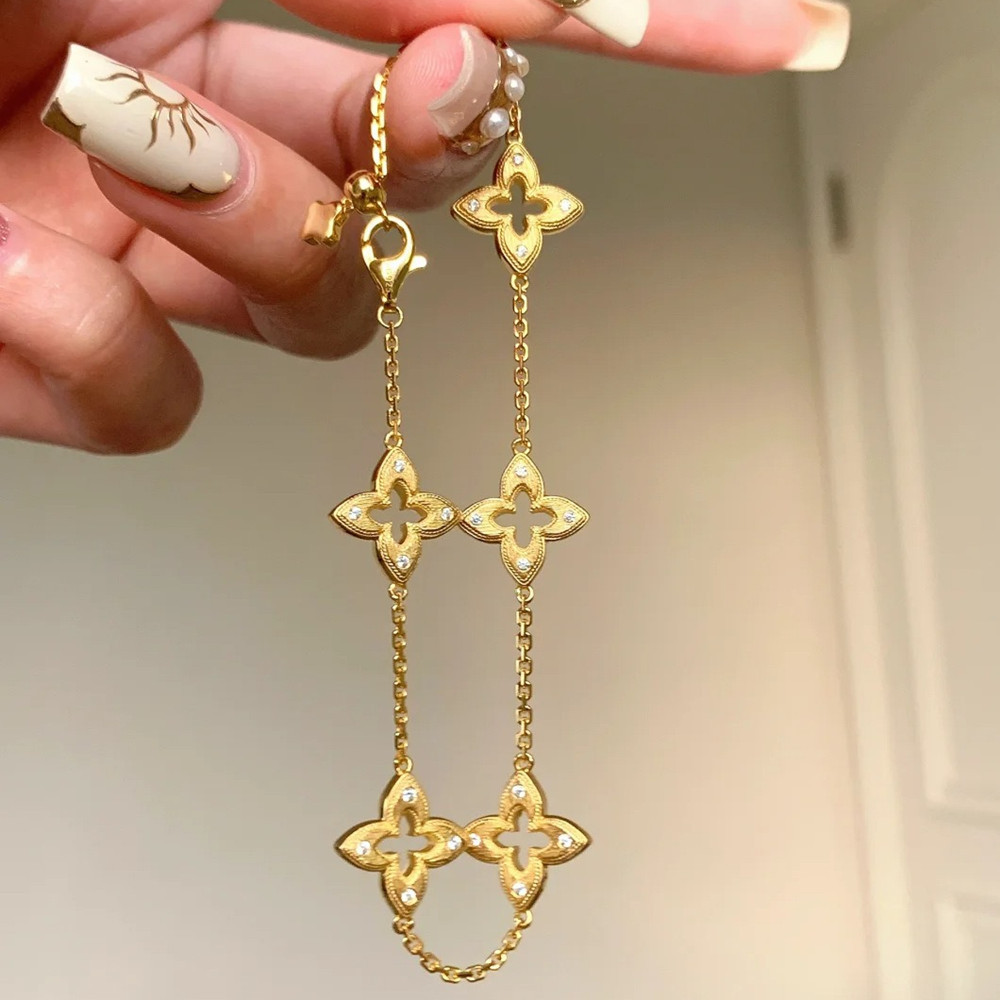 Vintage Style 4 Leaves Clover Choker Woman Chain Bracelets Bling Zircon Dimonds Inlaid 14K Gold