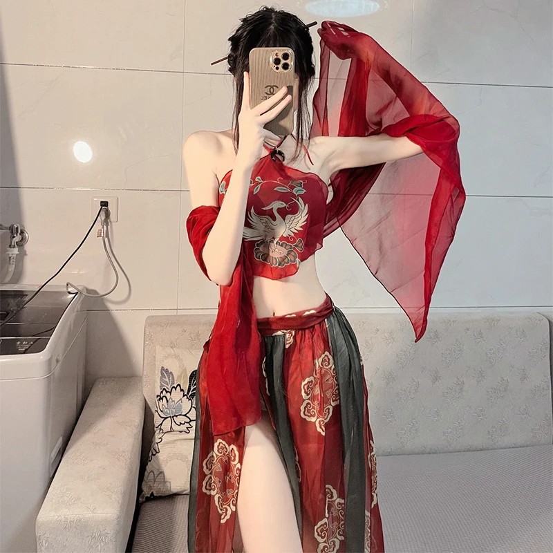Chinese Red Sexy Hanfu Apron Women's Pure Desire Lingerie Suspender Skirt Uniform Hot Shawl