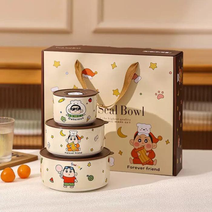 Three Piece Set Sealed Bowl Instant Noodle Bowl Set Gift Microwave / 3 Pcs Set Mangkok Tutup Seal