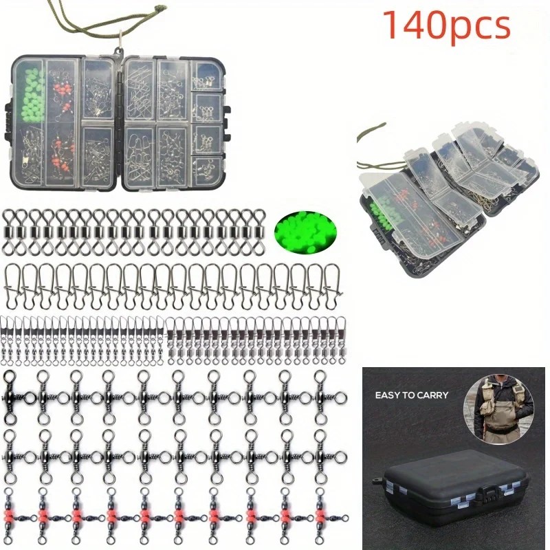 A box of 140 fishing swivel clasps - ball swivel clasps, tee swivel connectors and barrel clasps for