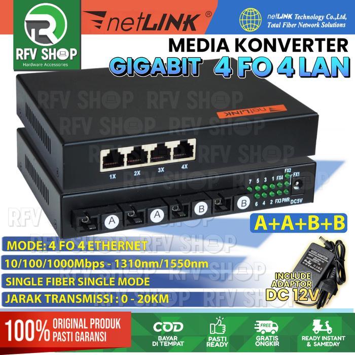 GIGABIT MEDIA CONVERTER 4 FO 4 LAN FIBER OPTIC SWITCH NETLINK