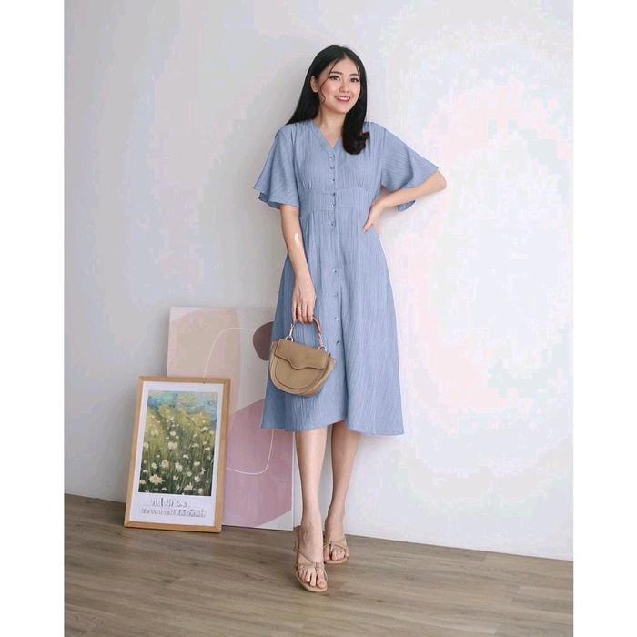 Midi Dress Premium Pakaian Wanita Baju Korea Dress Kancing Full Hidup Busui Pinggang Karet Tangan