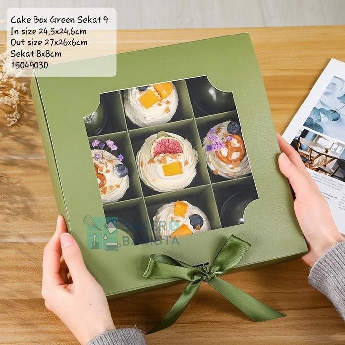 Stok Baru cake box green sekat 9 mini cake box dessert box kotak mini cake kue