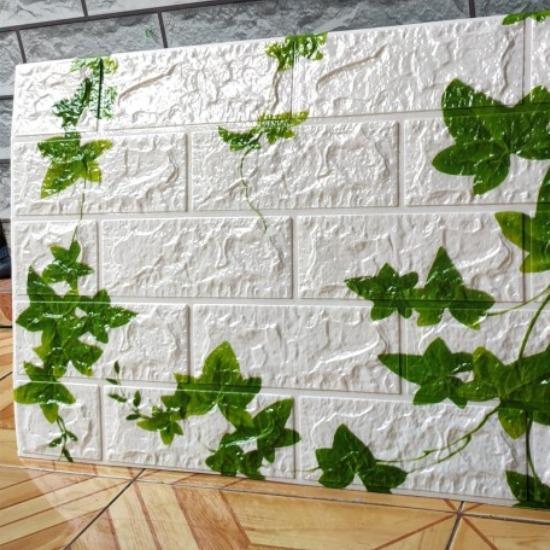 "New" [ PAKET 10 LEMBAR ] Wallpaper 3D Foam Batu Bata / Sticker Dinding Timbul MOTIF PUTIH DAUN