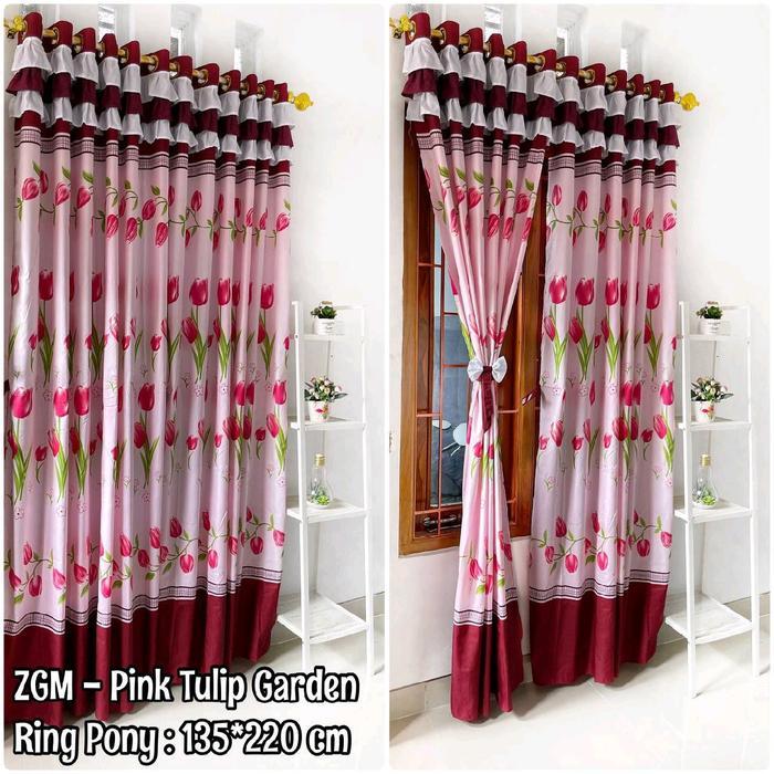 Gorden Rumbai pintu jendela Minimalis Murah Ring 12 Ukuran 135x220 motif Pink Tulip Garden (free