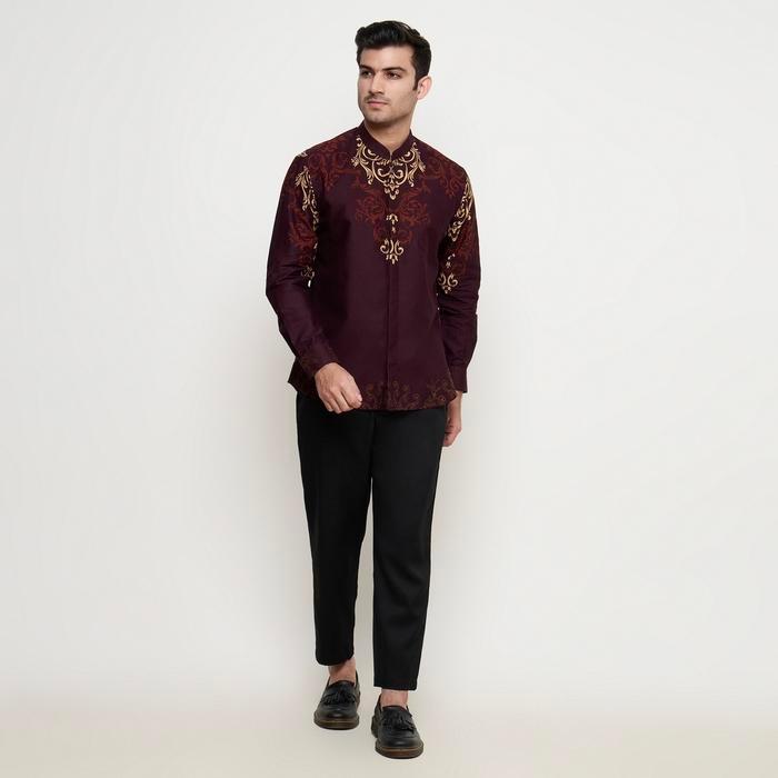 Baju Koko Muslim Kemeja Batik Pria Lengan Panjang Slim Fit Furing Ice Blue Biru Langit Hem Lebaran