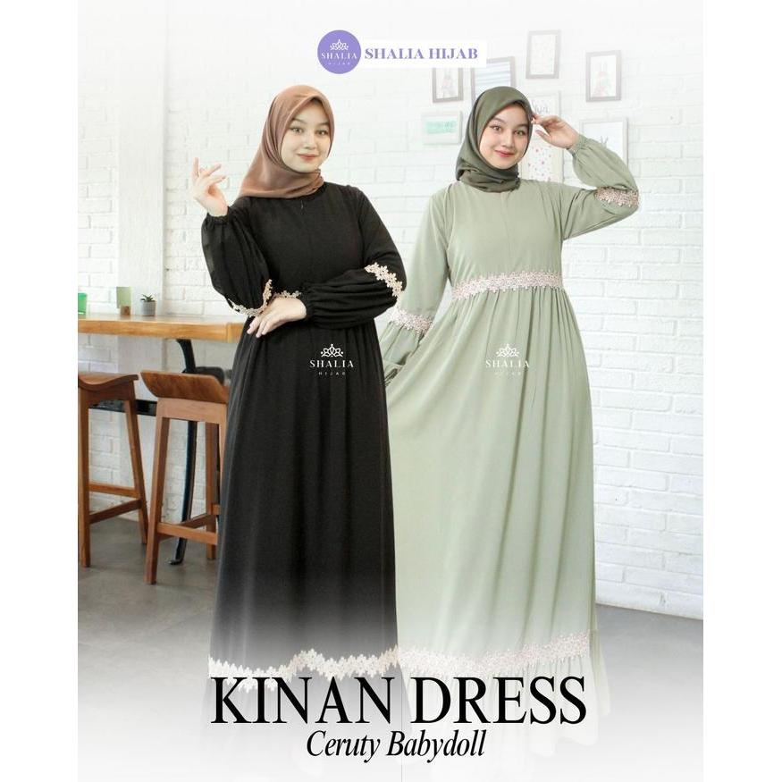 KINAN Dress Renda Bunga Cantik Dada Bawah Gamis Ceruty Babydoll Mewah Elegan Full Puring BUSUI
