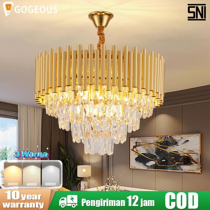 GOGEOUS Lampu Gantung Ruang Tamu Mewah LED Ruang Makan 3 Warna Lampu Gantung Kristal Hias Putih