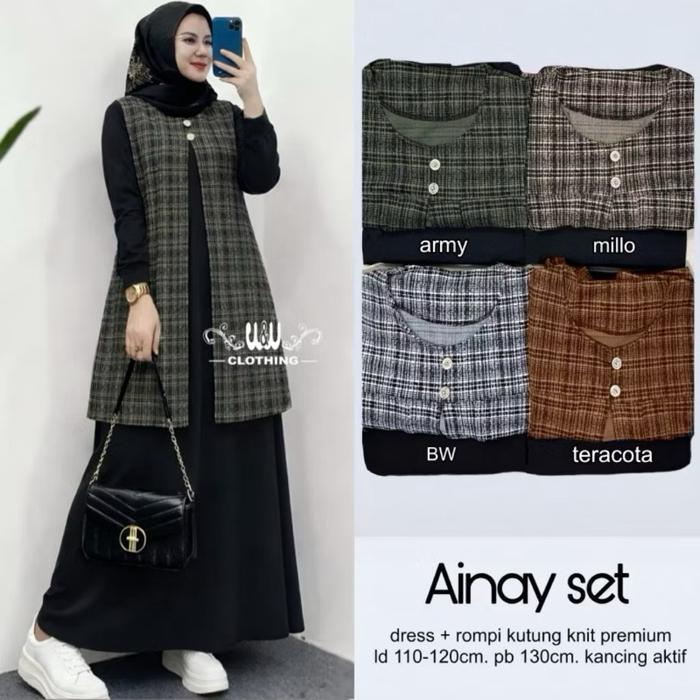 zeni Ainay Set Dress Muslim Wanita Premium + Rompi Rajut Knit Kotak Elegan Gamis Hijab Kekinian
