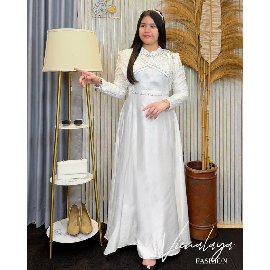 zeni Gamis Putih Polos Satin Kombinasi Tile Bordir 76651 Baju Muslim Vima Lebaran