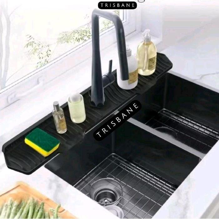 Matras Alas Rak Penadah Air Keran Dapur Cuci Piring Hitam Peralatan Kran Wastafel Fleksibel Gratis