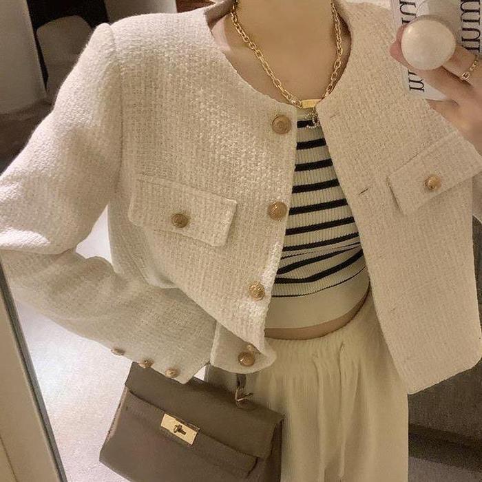 cnm Blazer Crop Wanita Blazer Tweed Gaya Korea Style M607
