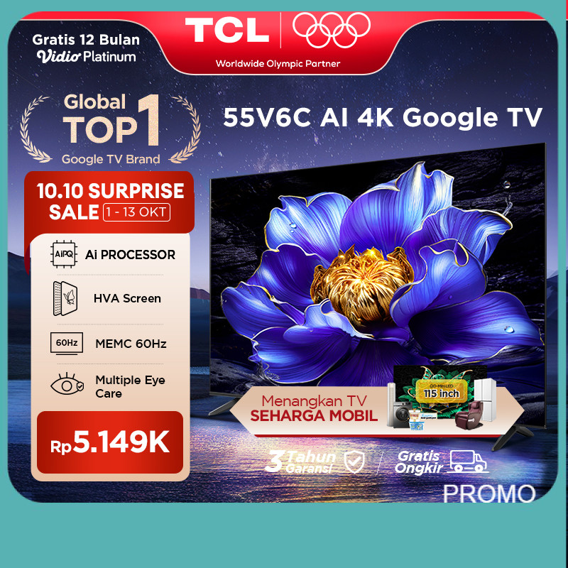 TCL AI 4K Google TV 55 inch V6C - MEMC - HDR 10 - HVA Panel - Dolby Audio - Google Play/Netflix/Yout