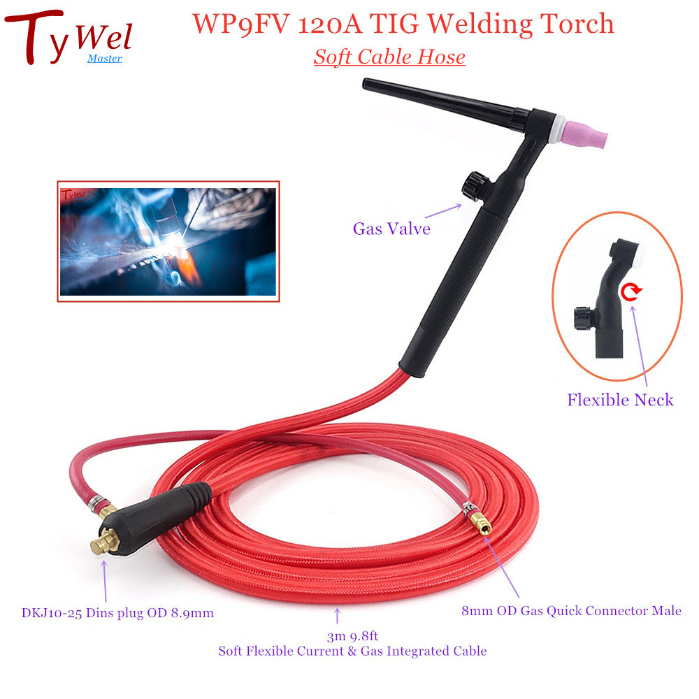 WP9FV 120A Obor Las TIG 3M Selang Lembut Gas Tungsten WP9 Argon Katup Fleksibel Berpendingin Udara 1